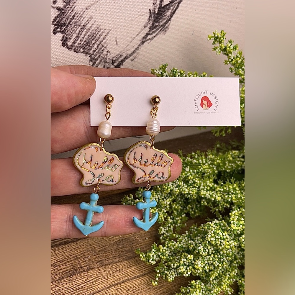 Handmade Hello Sea Turquoise Clay Dangle Earrings